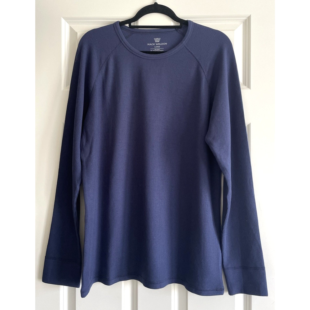 Mack Weldon Mens Size Large Long Sleeve Thermal Waffle Knit Crew Neck Shirt Blue